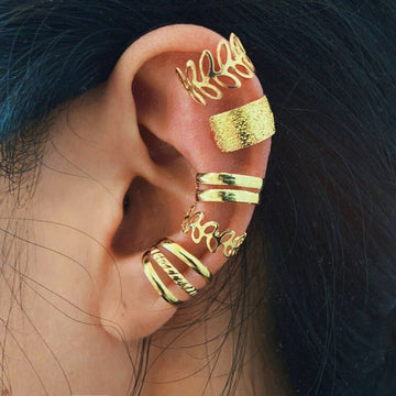 5 Pcs Set of Non-perforated Ear Bone Clip Hollow Earrings Personality Gold Foil Retro Hollow Multi-layer Fashion Female Jewelry daiiibabyyy
